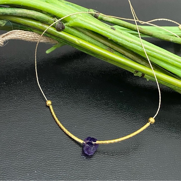 Natural Raw Amethyst Pendant Magnetic Clasp Gold-tone Skinny Chain Necklace - Picture 1 of 12